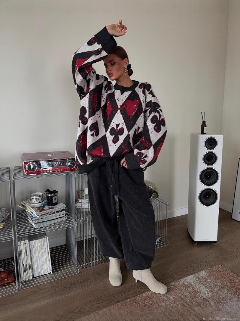 Women's Oversized Knitted Sweater Poker Card Heart Spade Print Argyle Crew Neck Long Sleeve Casual Streetwear Pullover Tops Warm Winter Fashion