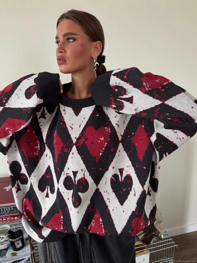 Women's Oversized Knitted Sweater Poker Card Heart Spade Print Argyle Crew Neck Long Sleeve Casual Streetwear Pullover Tops Warm Winter Fashion