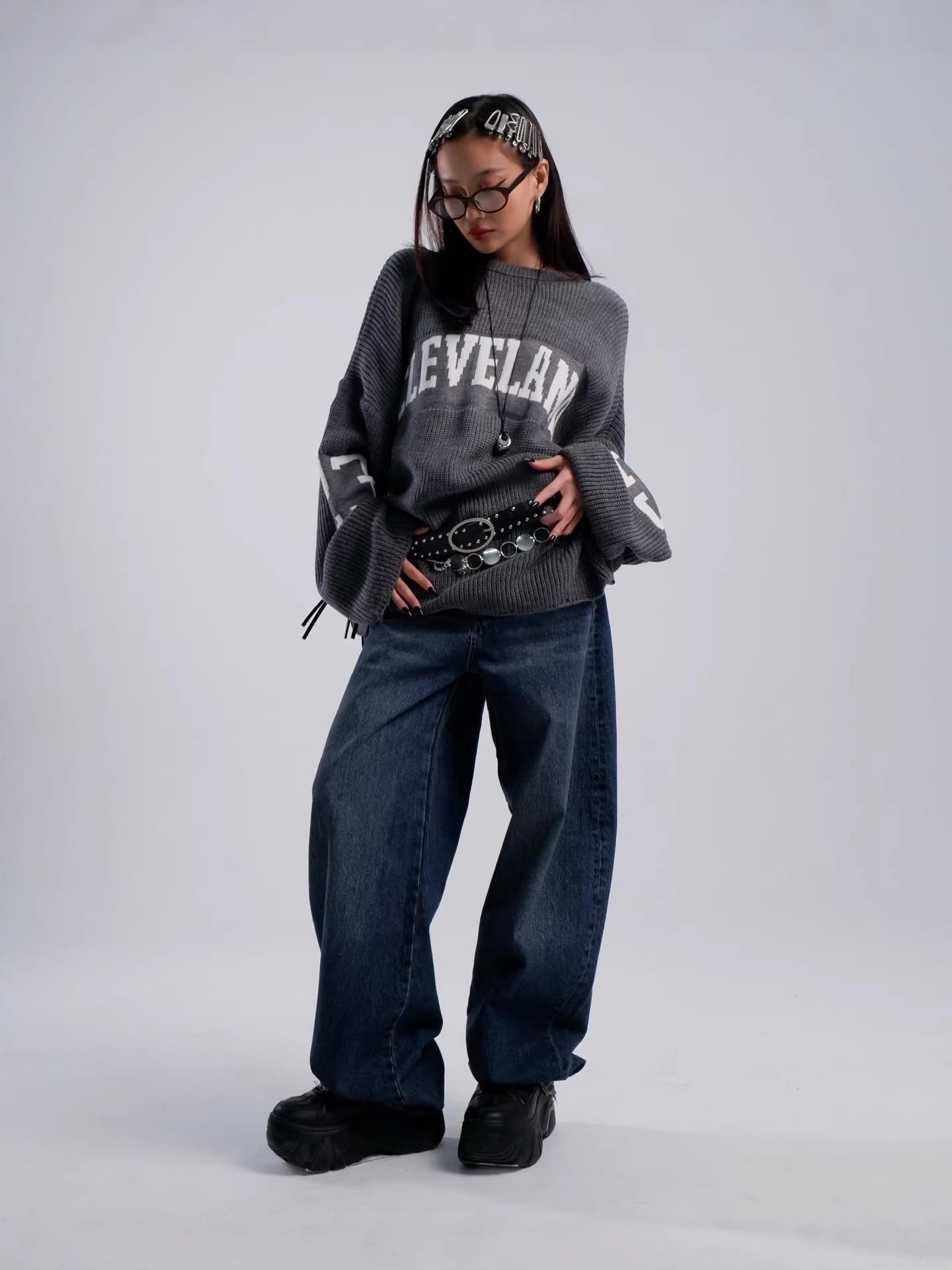 Women's Oversized Knitted Sweater Cleveland Letter Jacquard Cotton Blend Soft Warm Loose Fit Streetwear Y2K Casual Vintage Autumn Winter Pullover Tops