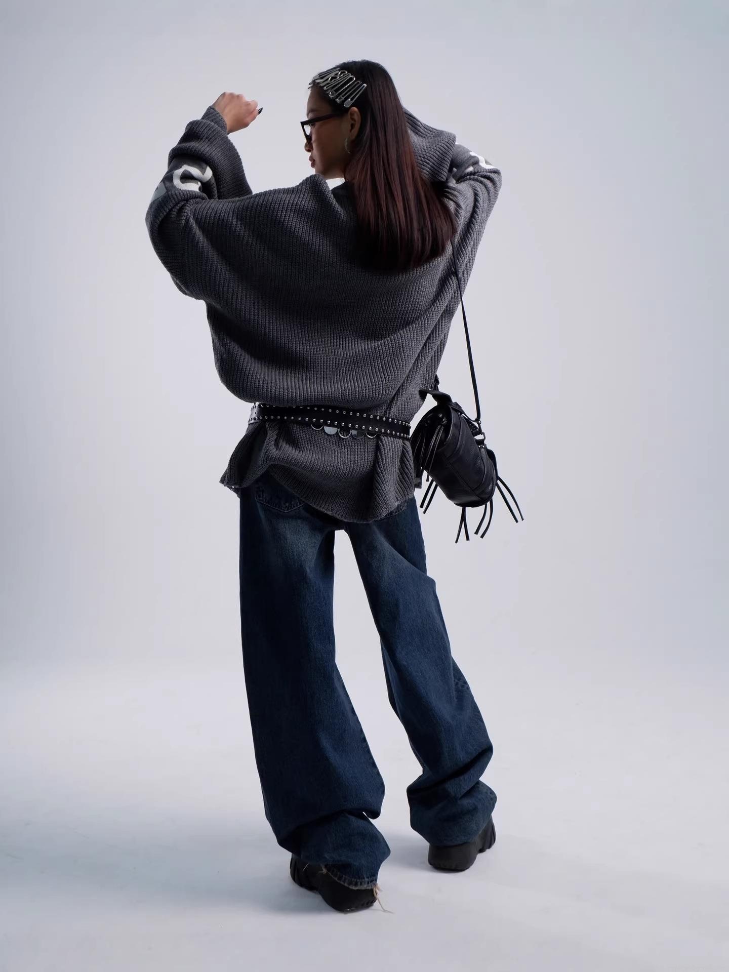 Women's Oversized Knitted Sweater Cleveland Letter Jacquard Cotton Blend Soft Warm Loose Fit Streetwear Y2K Casual Vintage Autumn Winter Pullover Tops