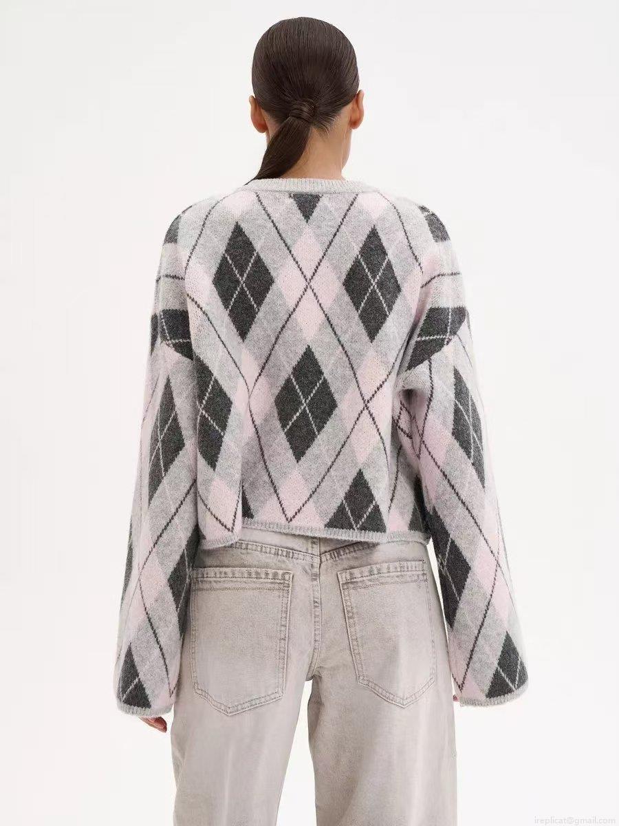 Women Vintage Argyle Knit Sweater Cotton Blend Round Neck Long Sleeve Color Block Pullover Loose Casual Preppy Style Ladies Knitwear Top