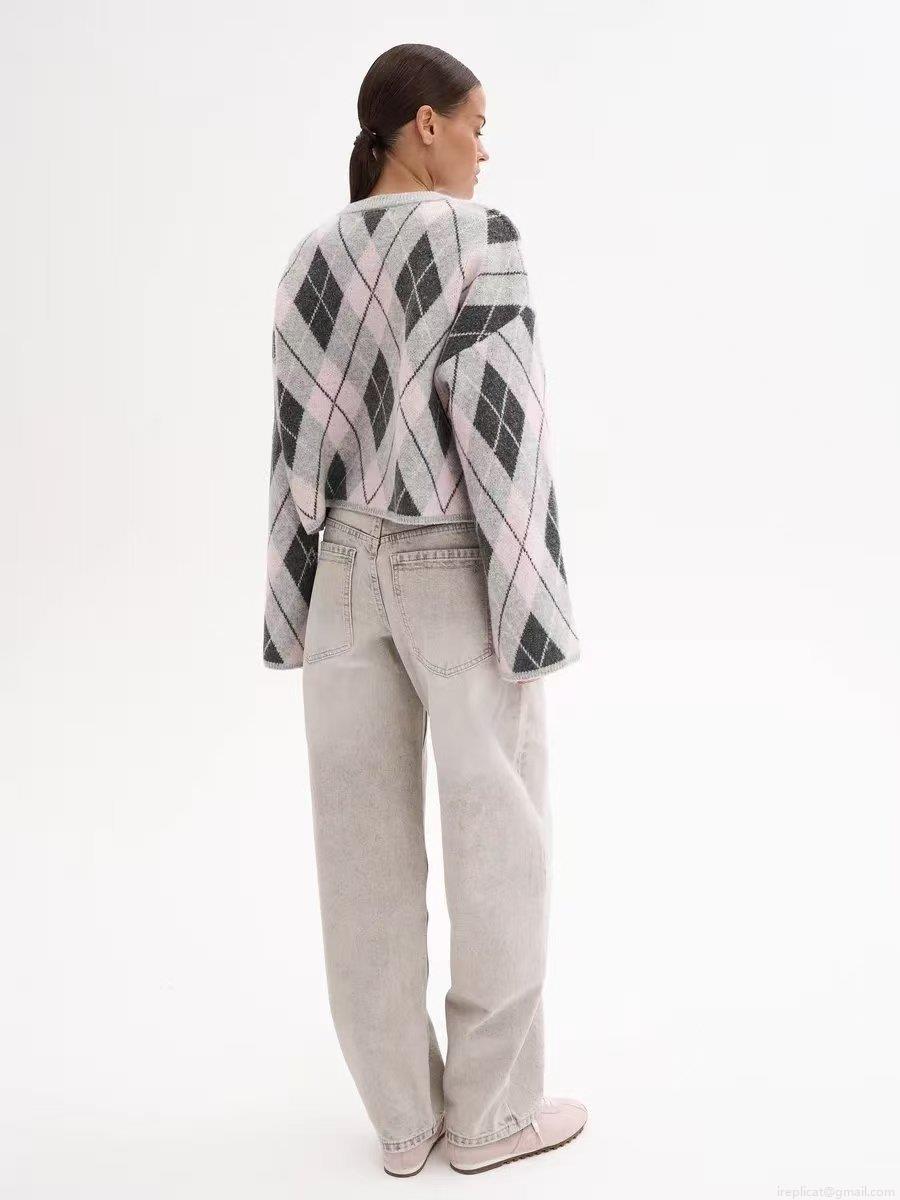 Women Vintage Argyle Knit Sweater Cotton Blend Round Neck Long Sleeve Color Block Pullover Loose Casual Preppy Style Ladies Knitwear Top