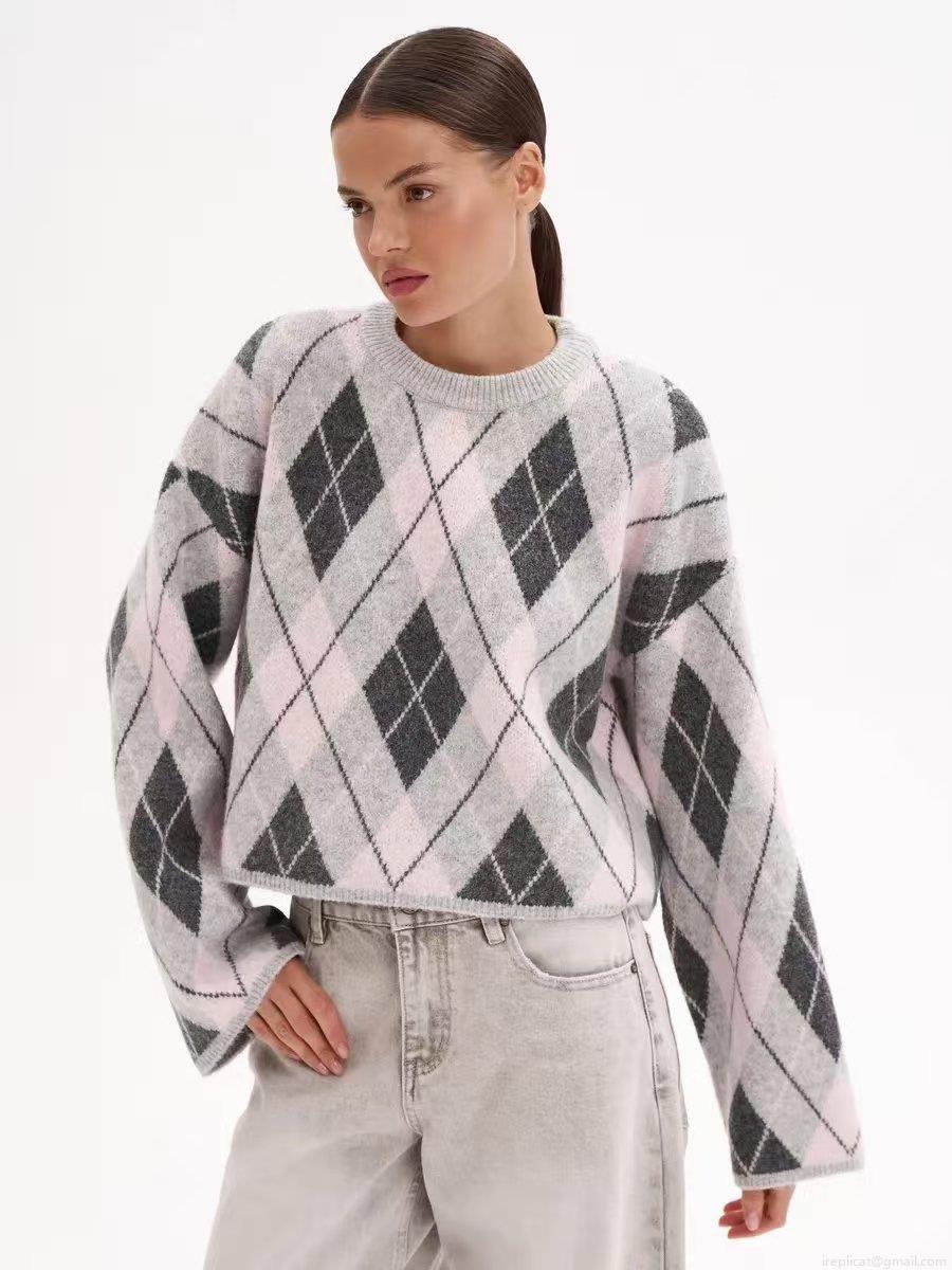Women Vintage Argyle Knit Sweater Cotton Blend Round Neck Long Sleeve Color Block Pullover Loose Casual Preppy Style Ladies Knitwear Top