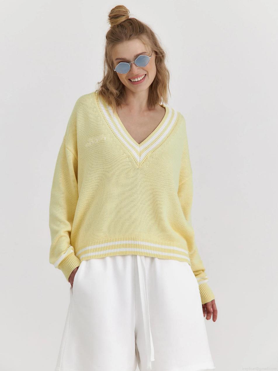 Women's Vintage V-Neck Knit Sweater Cotton Blend Loose Fit Striped Trim Colorblock Long Sleeve Pullover For Autumn Winter Preppy Style Casual Knitwear