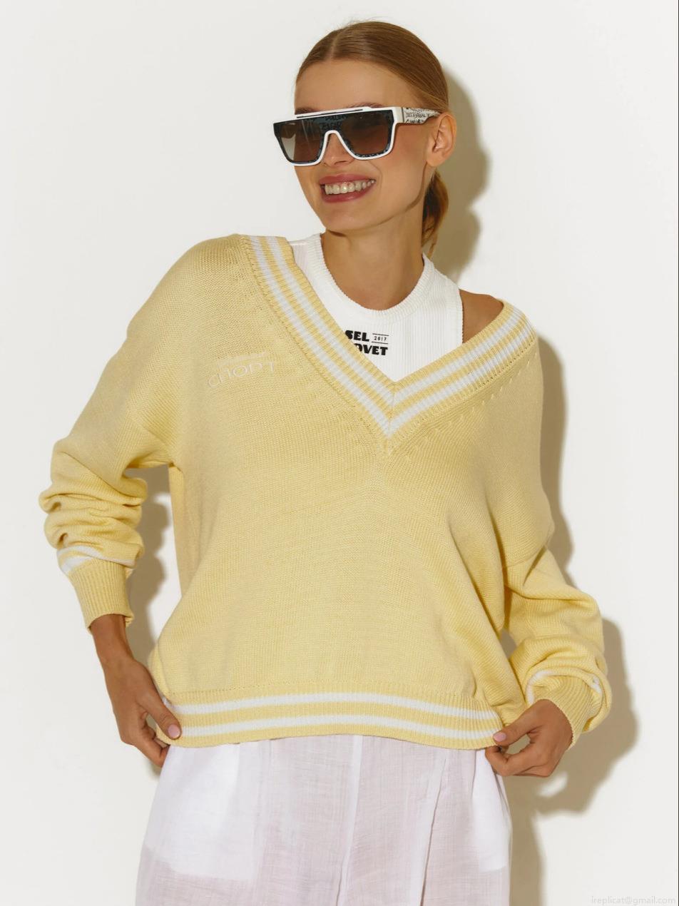 Women's Vintage V-Neck Knit Sweater Cotton Blend Loose Fit Striped Trim Colorblock Long Sleeve Pullover For Autumn Winter Preppy Style Casual Knitwear