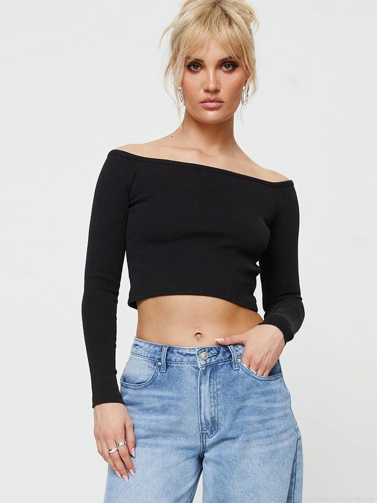 Women's Sexy Off-the-Shoulder Long Sleeve Crop Top Polyester Ribbed Knit Open Back Slim Fit Shirt for Streetwear Party Clubwear Autumn