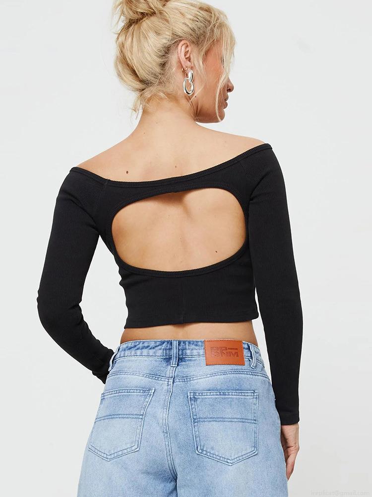 Women's Sexy Off-the-Shoulder Long Sleeve Crop Top Polyester Ribbed Knit Open Back Slim Fit Shirt for Streetwear Party Clubwear Autumn