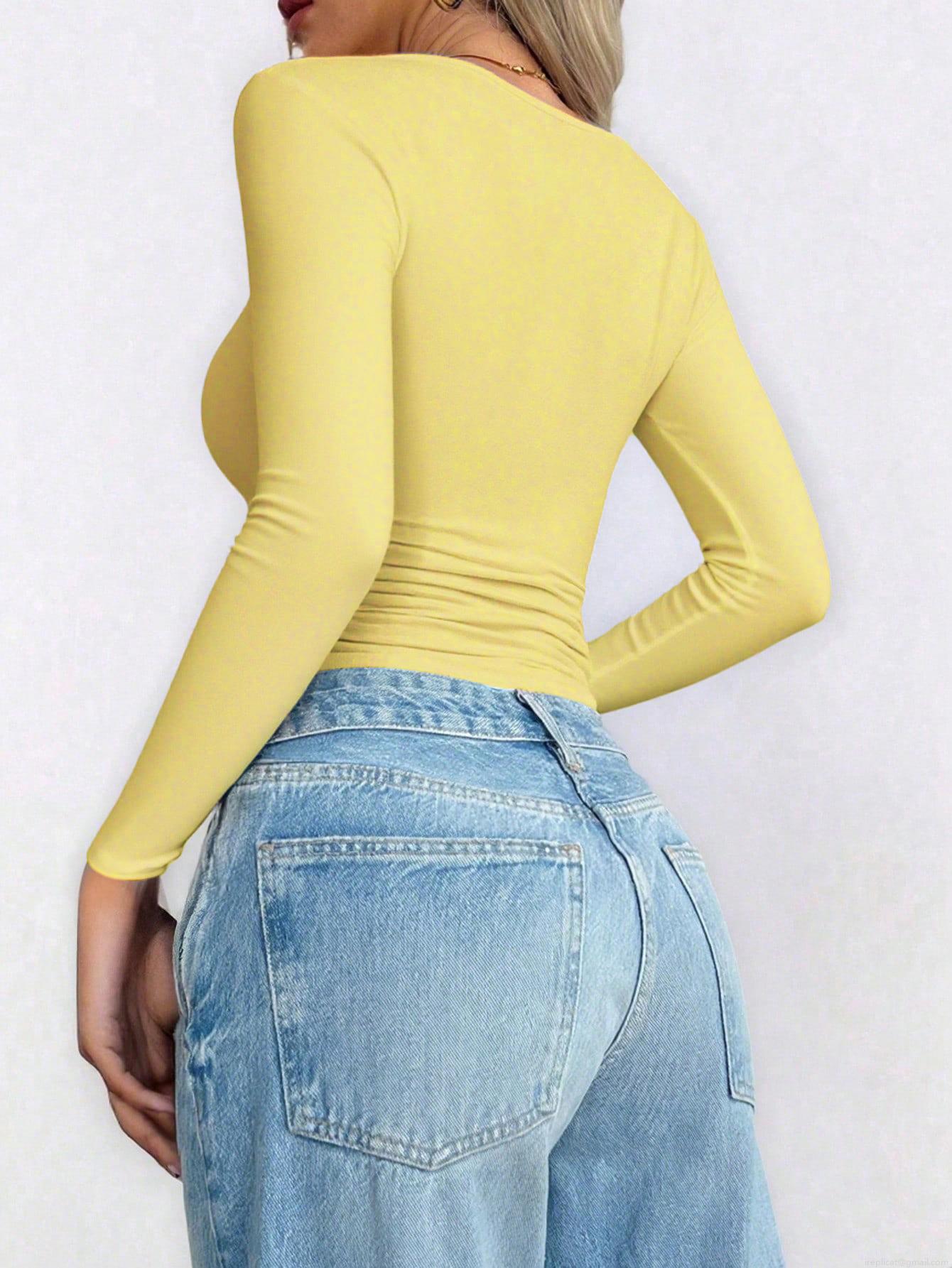 Women's Y2K Sexy Slim Fit Crop Top Long Sleeve U-Neck T-Shirt Polyester Elastane Ribbed Knit Basic Undershirt For Autumn Winter Fashion Daily Wear