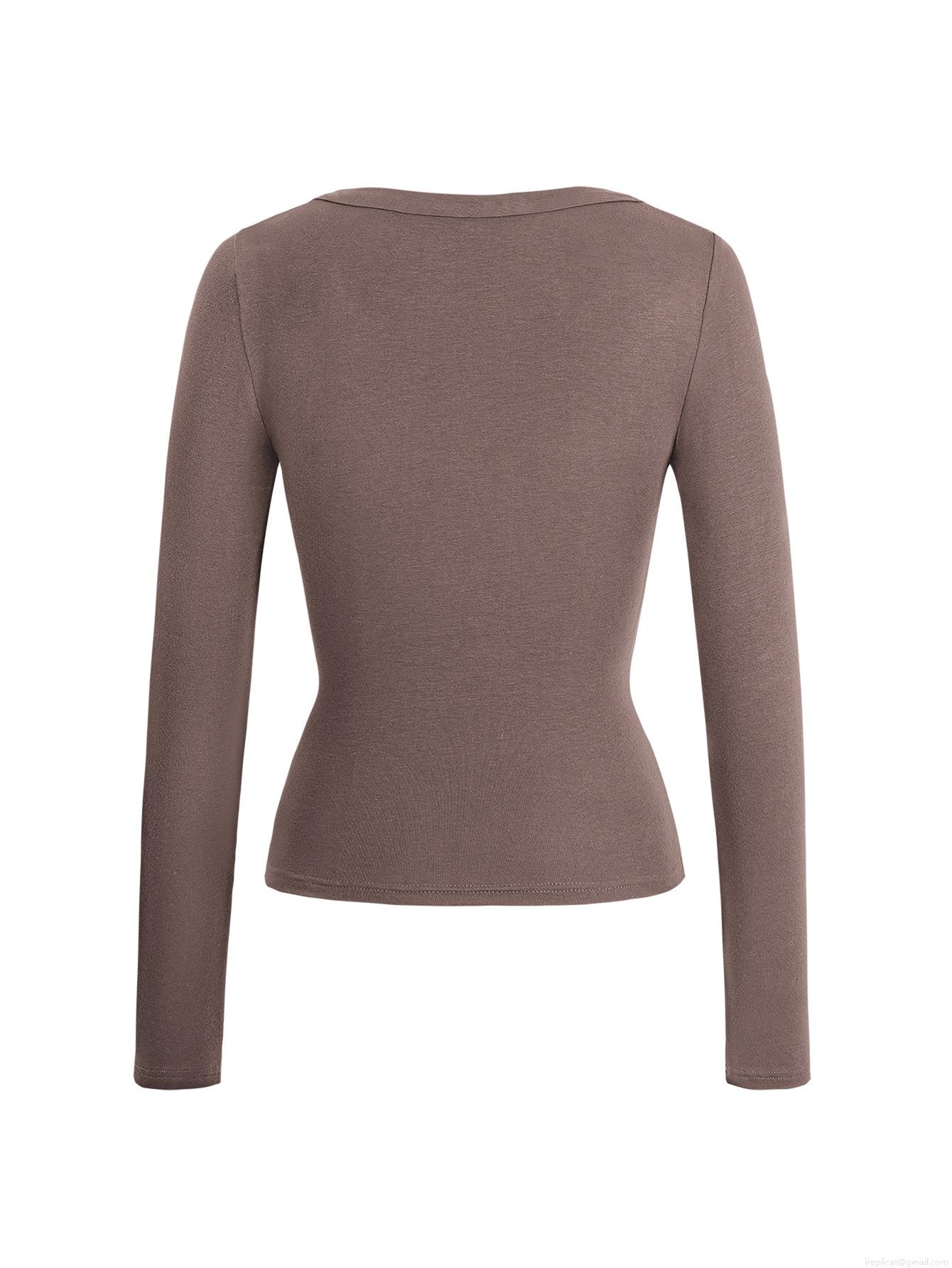 Women's Sexy Deep V Neck Long Sleeve T-Shirt Y2K Slim Fit Cropped Top Solid Color Polyester Elastane Ribbed Knit Shirt for Women Streetwear