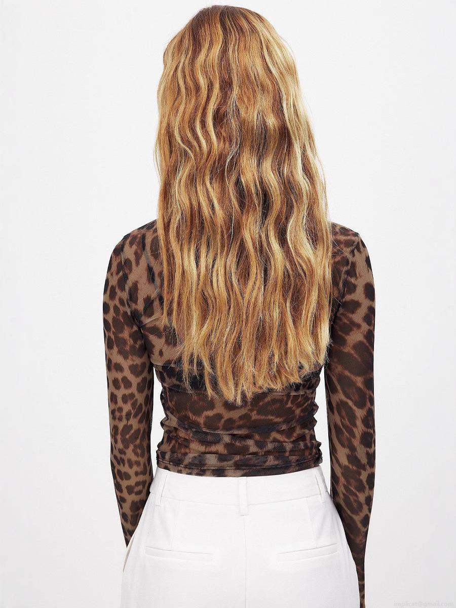 Women Sexy Leopard Print Mesh T-Shirt Long Sleeve See Through Slim Fit Crop Top For Party Clubwear Streetwear Fashion Blouse