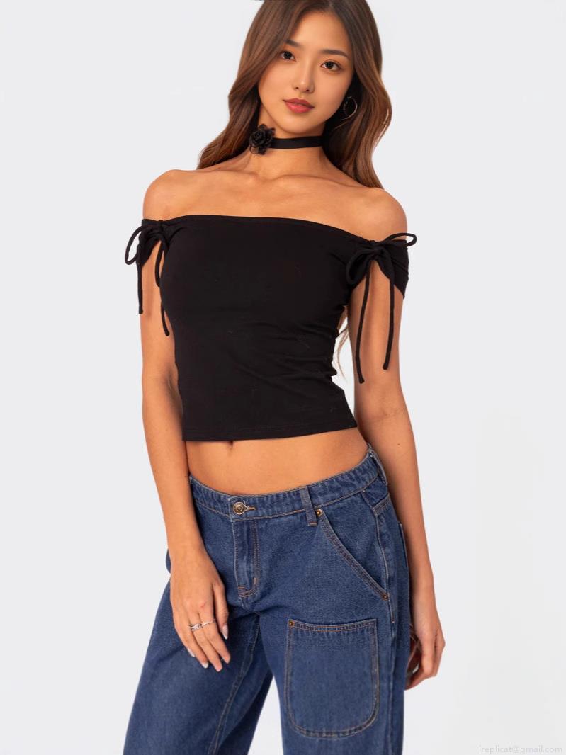 Women Sexy Off Shoulder Crop Top T-Shirt With Tie Sleeve Bow Detail Polyester Spandex Solid Color Casual Streetwear Top For Women Summer