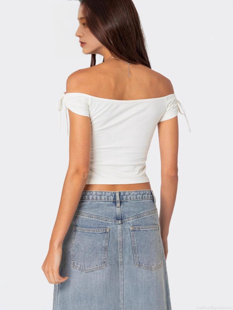 Women Sexy Off Shoulder Crop Top T-Shirt With Tie Sleeve Bow Detail Polyester Spandex Solid Color Casual Streetwear Top For Women Summer