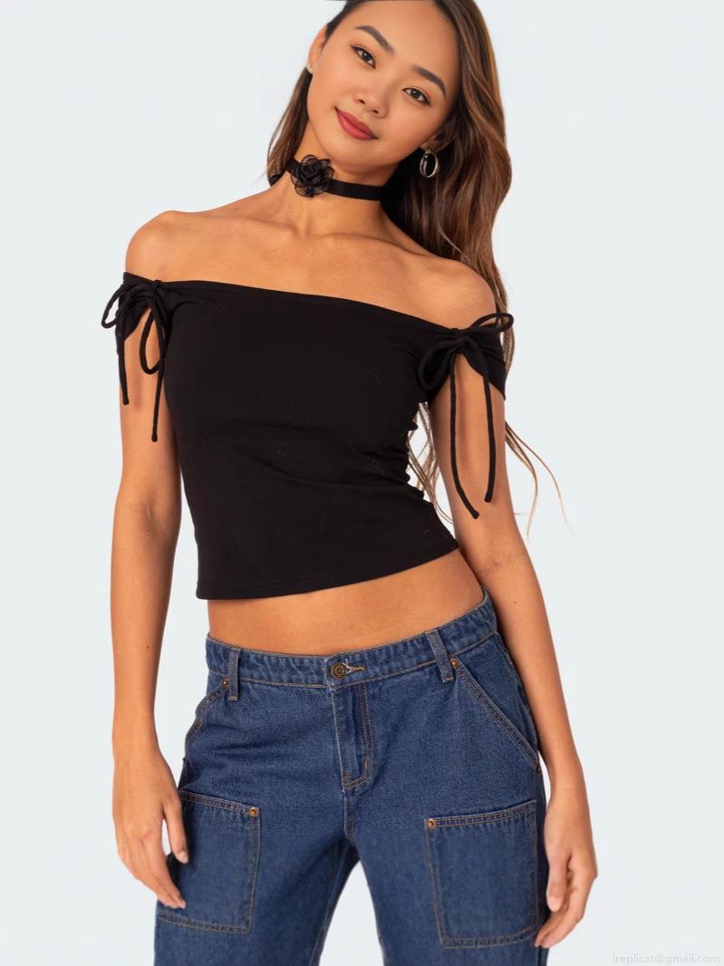 Women Sexy Off Shoulder Crop Top T-Shirt With Tie Sleeve Bow Detail Polyester Spandex Solid Color Casual Streetwear Top For Women Summer