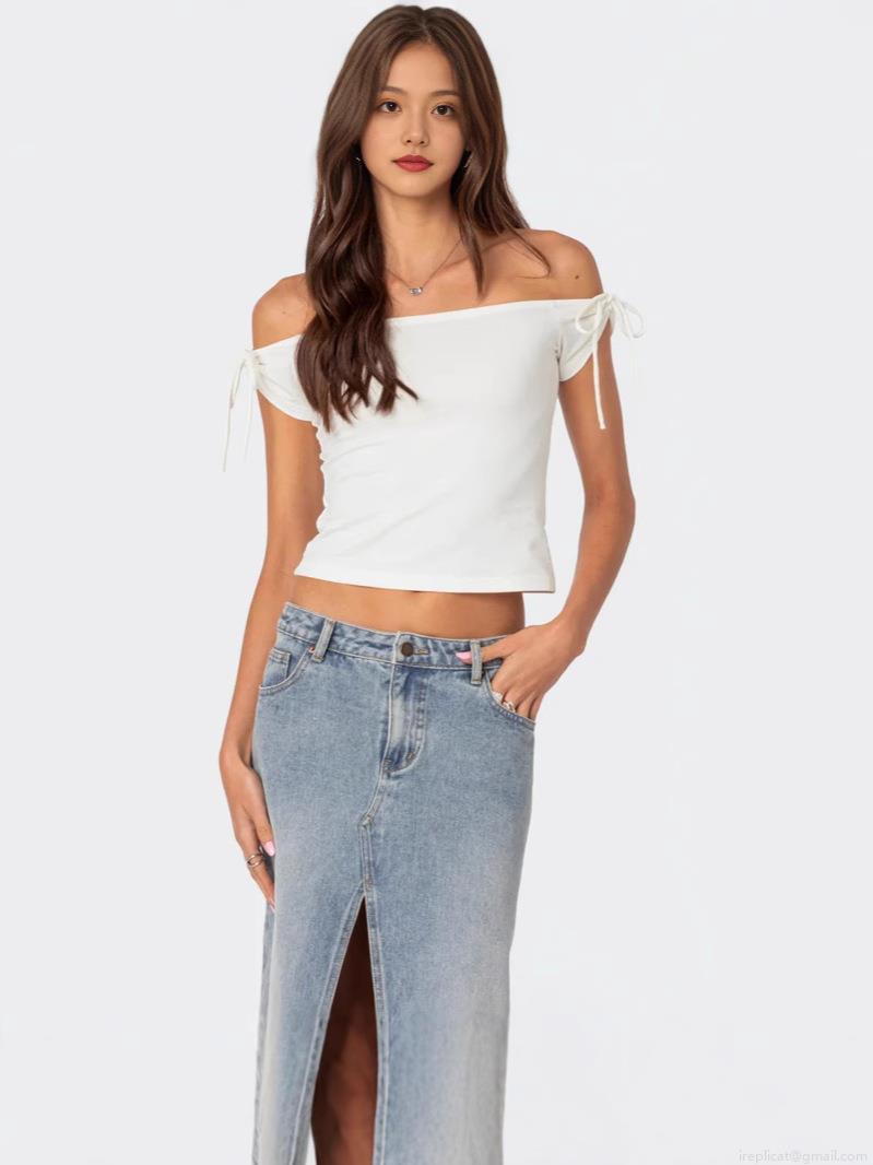 Women Sexy Off Shoulder Crop Top T-Shirt With Tie Sleeve Bow Detail Polyester Spandex Solid Color Casual Streetwear Top For Women Summer