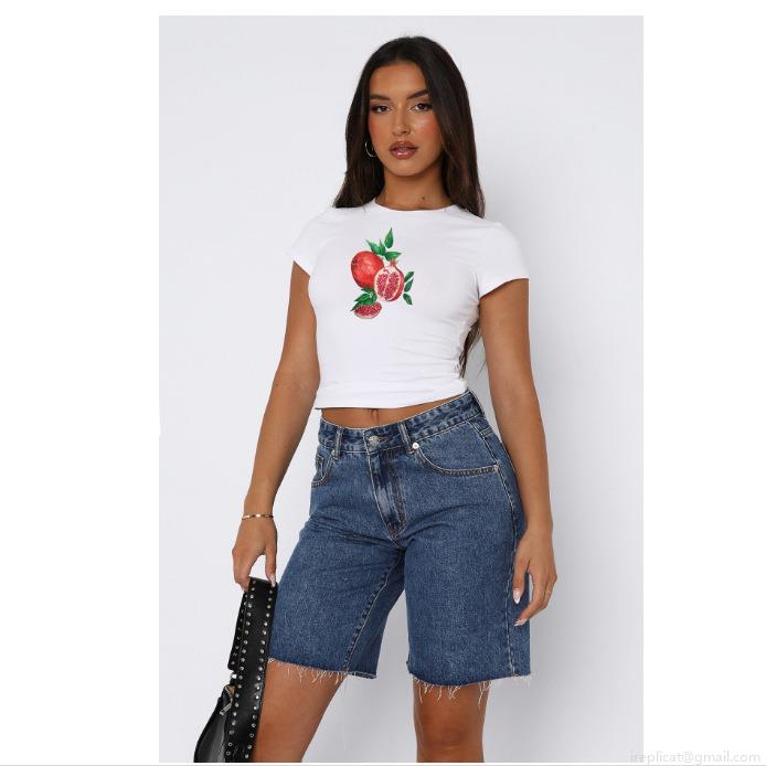 Women's Cropped T-Shirt Milk Silk Polyester Spandex Pomegranate Wine Glass Printed Short Sleeve Slim Fit Streetwear Round Neck Casual Top