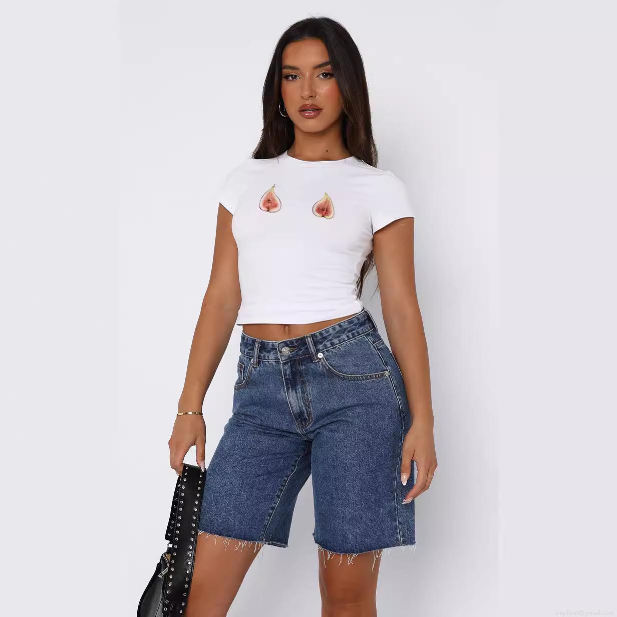 Women's Cropped T-Shirt Milk Silk Polyester Spandex Pomegranate Wine Glass Printed Short Sleeve Slim Fit Streetwear Round Neck Casual Top