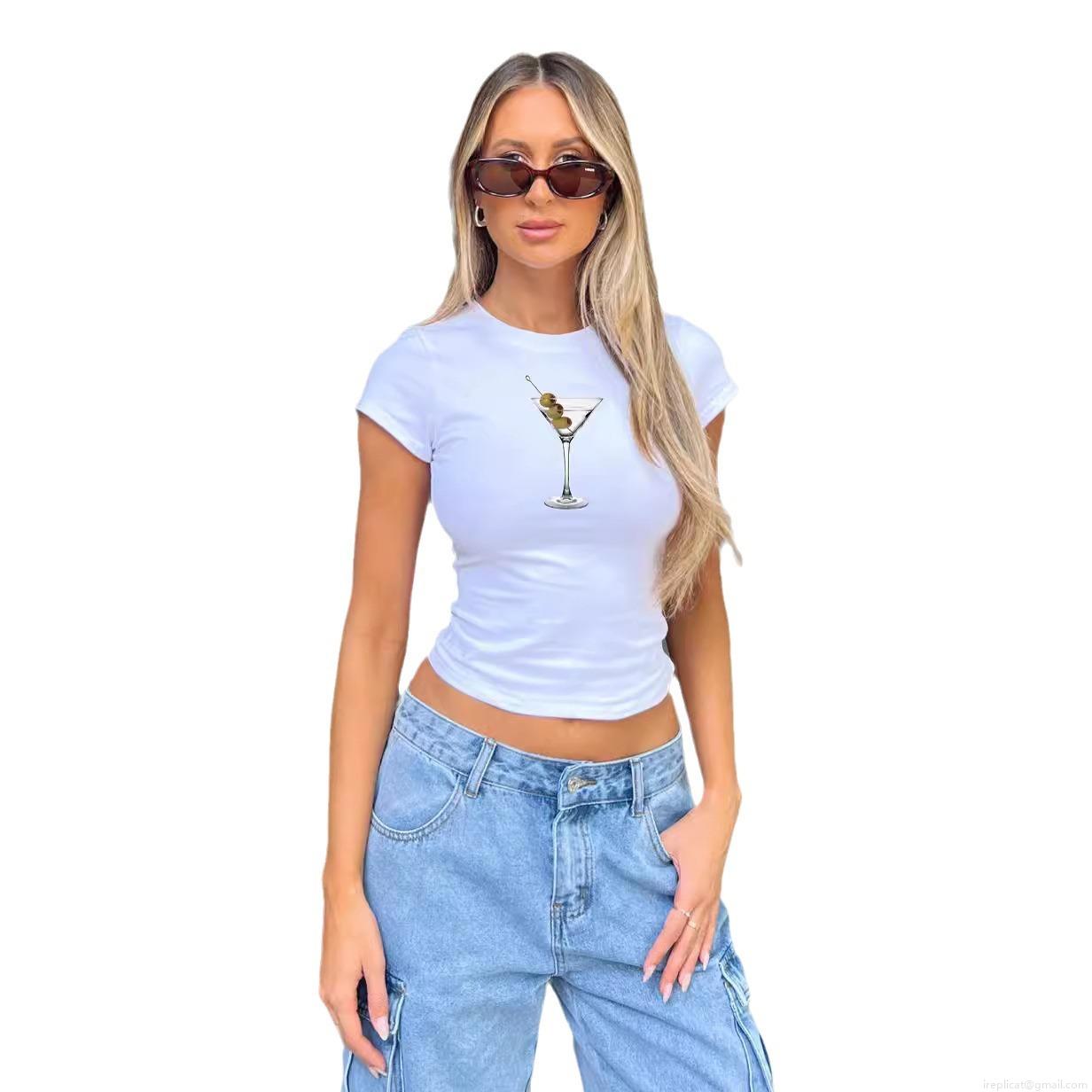 Women's Cropped T-Shirt Milk Silk Polyester Spandex Pomegranate Wine Glass Printed Short Sleeve Slim Fit Streetwear Round Neck Casual Top
