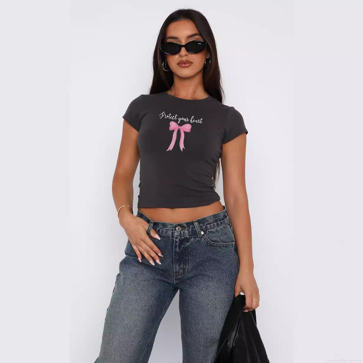 Women's Cute Bow Tie Print Crop Top Protect Your Heart Graphic Short Sleeve T-Shirt Slim Fit Y2K Streetwear Polyester Spandex Casual Round Neck Summer Tee