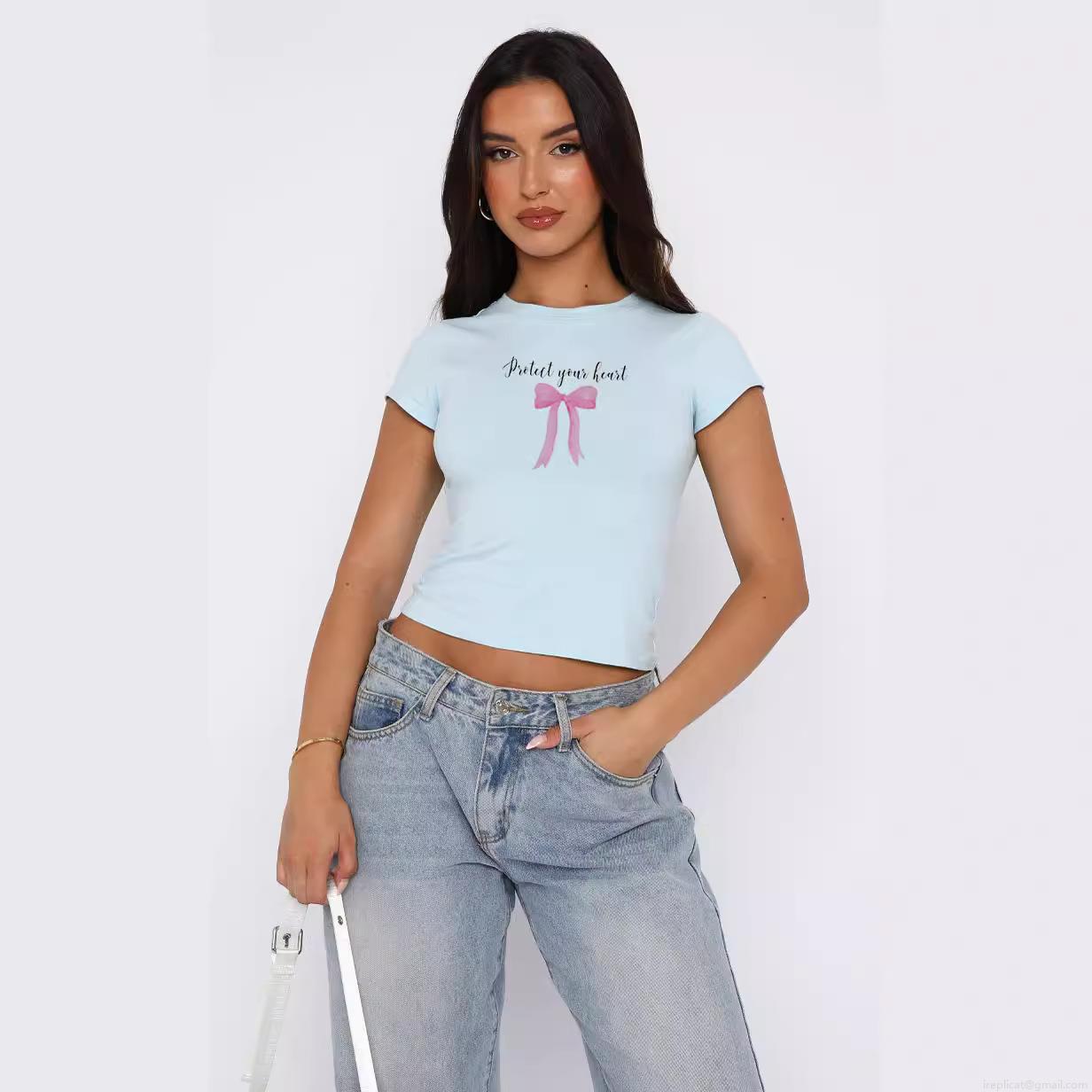 Women's Cute Bow Tie Print Crop Top Protect Your Heart Graphic Short Sleeve T-Shirt Slim Fit Y2K Streetwear Polyester Spandex Casual Round Neck Summer Tee