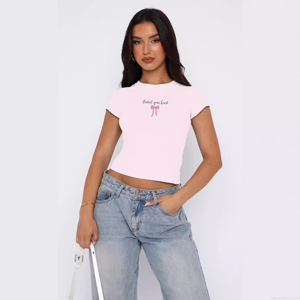 Women's Cute Bow Tie Print Crop Top Protect Your Heart Graphic Short Sleeve T-Shirt Slim Fit Y2K Streetwear Polyester Spandex Casual Round Neck Summer Tee