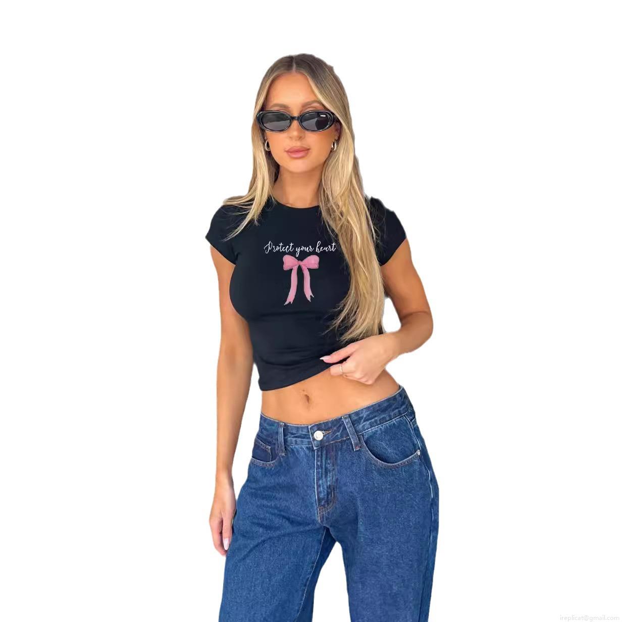 Women's Cute Bow Tie Print Crop Top Protect Your Heart Graphic Short Sleeve T-Shirt Slim Fit Y2K Streetwear Polyester Spandex Casual Round Neck Summer Tee