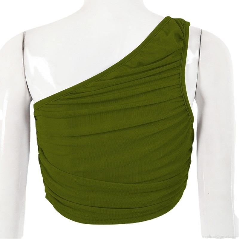 Women Sexy One Shoulder Ruched Crop Top Stretch Satin Sleeveless Asymmetrical Tight Fitting Streetwear Tank Top For Party Club Solid Color Blouse
