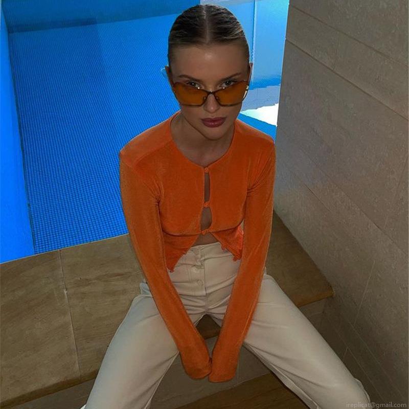 Women Sexy Cropped Ribbed Knit Cardigan Polyester Long Sleeve Round Neck Button Up Slim Fit Streetwear Top For Summer Spring Ladies