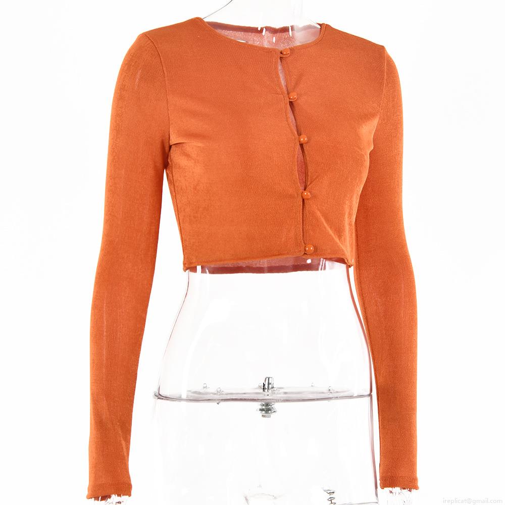 Women Sexy Cropped Ribbed Knit Cardigan Polyester Long Sleeve Round Neck Button Up Slim Fit Streetwear Top For Summer Spring Ladies