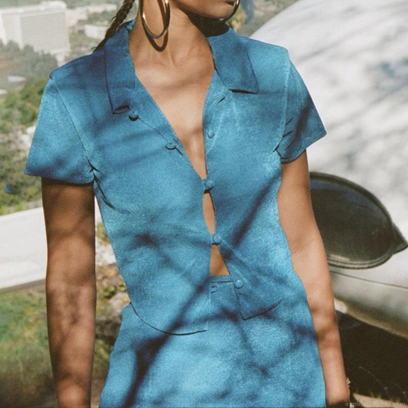Women Sexy Short Sleeve Cardigan Tops Lapel Single Breasted Slim Fit Solid Color Crop Top T-Shirt Summer Hot Girl Streetwear Ribbed Knit Blouse