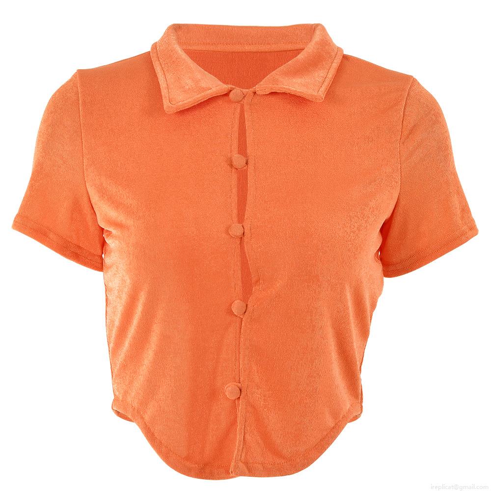 Women Sexy Short Sleeve Cardigan Tops Lapel Single Breasted Slim Fit Solid Color Crop Top T-Shirt Summer Hot Girl Streetwear Ribbed Knit Blouse