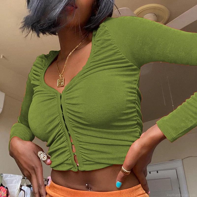 Women's Sexy V Neck Long Sleeve Ruched T-Shirt Ribbed Knit Slim Fit Crop Top Sexy Hook and Eye Closure Solid Color Streetwear Party T-Shirt