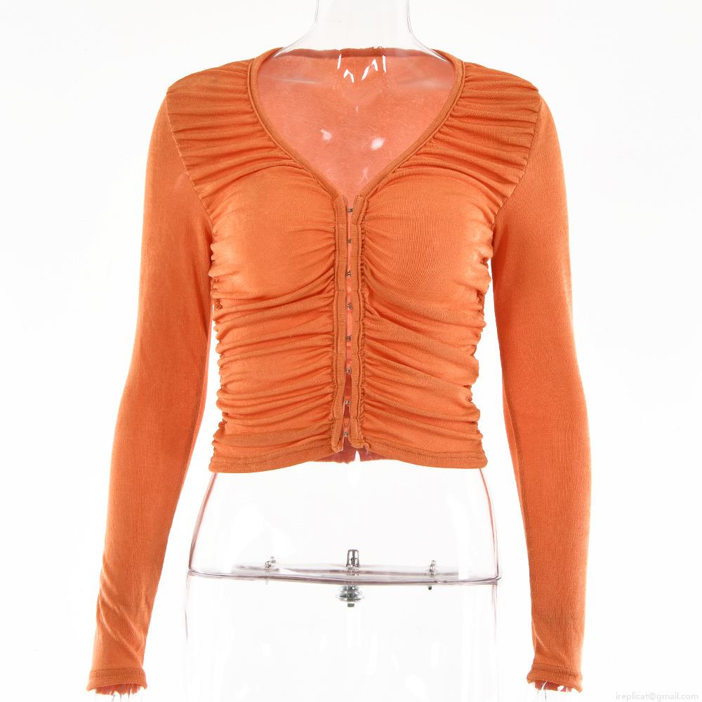 Women's Sexy V Neck Long Sleeve Ruched T-Shirt Ribbed Knit Slim Fit Crop Top Sexy Hook and Eye Closure Solid Color Streetwear Party T-Shirt