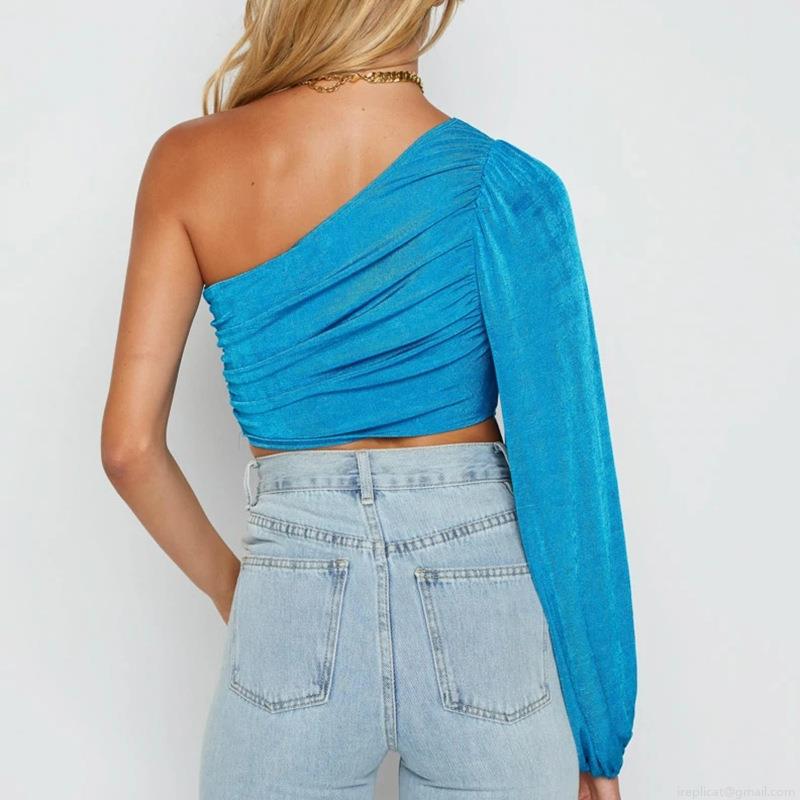 Women Sexy One Shoulder Long Sleeve Lantern Sleeve Pleated Ruffle Crop Top Solid Color Polyester Slim Fit Fashion Streetwear Top For Summer Party