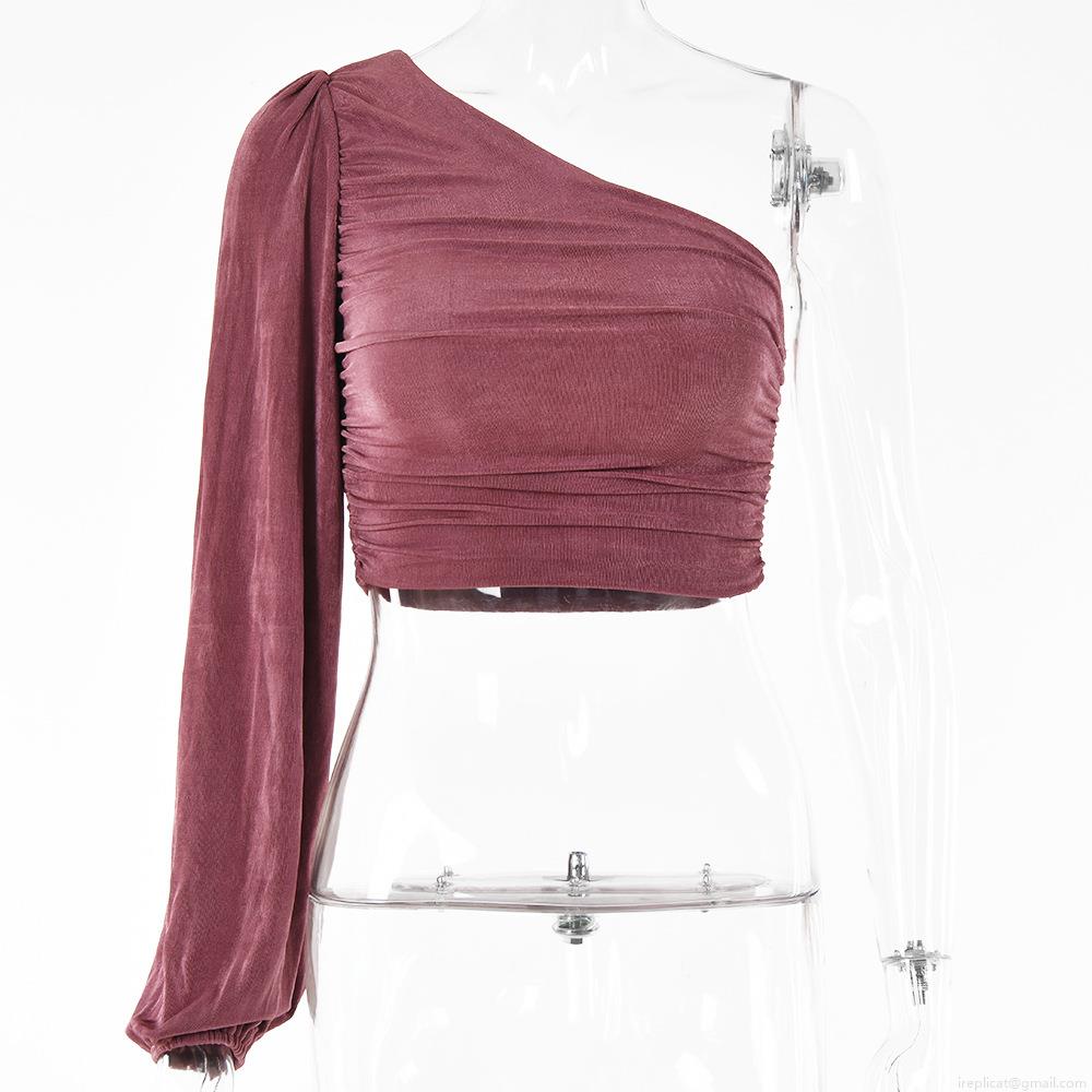Women Sexy One Shoulder Long Sleeve Lantern Sleeve Pleated Ruffle Crop Top Solid Color Polyester Slim Fit Fashion Streetwear Top For Summer Party