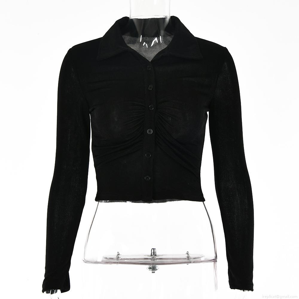 Women's Sexy Ruched Long Sleeve Crop Top Fashion Lapel Button Down T-Shirt Slim Fit Solid Color Ribbed Blouse for Streetwear Party Clubwear Y2K Aesthetic