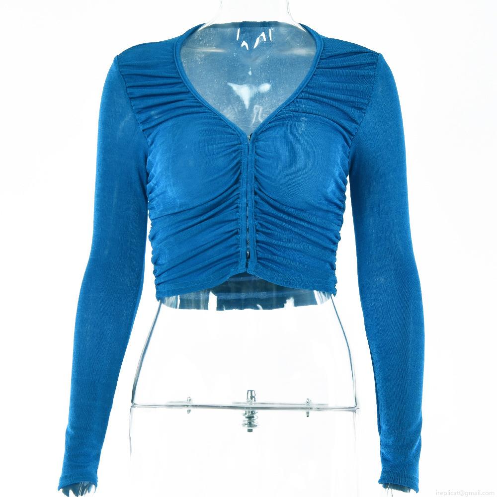 Women's Sexy Ruched V-Neck Long Sleeve Cropped T-Shirt Slim Fit Solid Color Polyester Top With Single-Breasted Buttons For Party Club Streetwear Casual Autumn Outfits