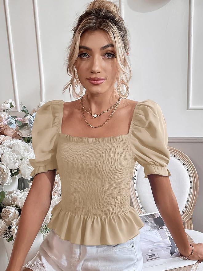 Women French Vintage Square Neck Smocked Top Summer Short Puff Sleeve Peplum Hem Slim Fit Polyester T-Shirt Casual Elegant Solid Color Blouse