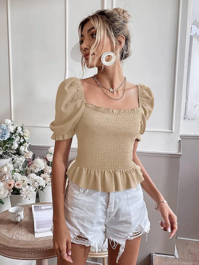 Women French Vintage Square Neck Smocked Top Summer Short Puff Sleeve Peplum Hem Slim Fit Polyester T-Shirt Casual Elegant Solid Color Blouse