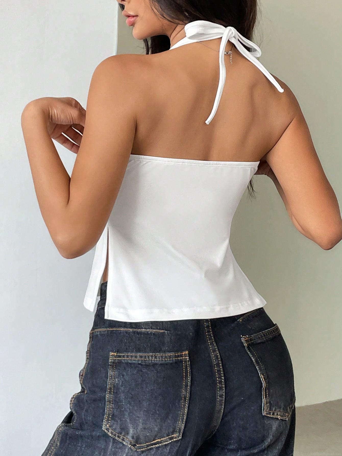 Women's Sexy Halter Neck T-Shirt Backless Ruched V Neck Slim Fit Crop Top With Side Slit Polyester Elastane Sleeveless Summer Blouse For Women Clubwear Party