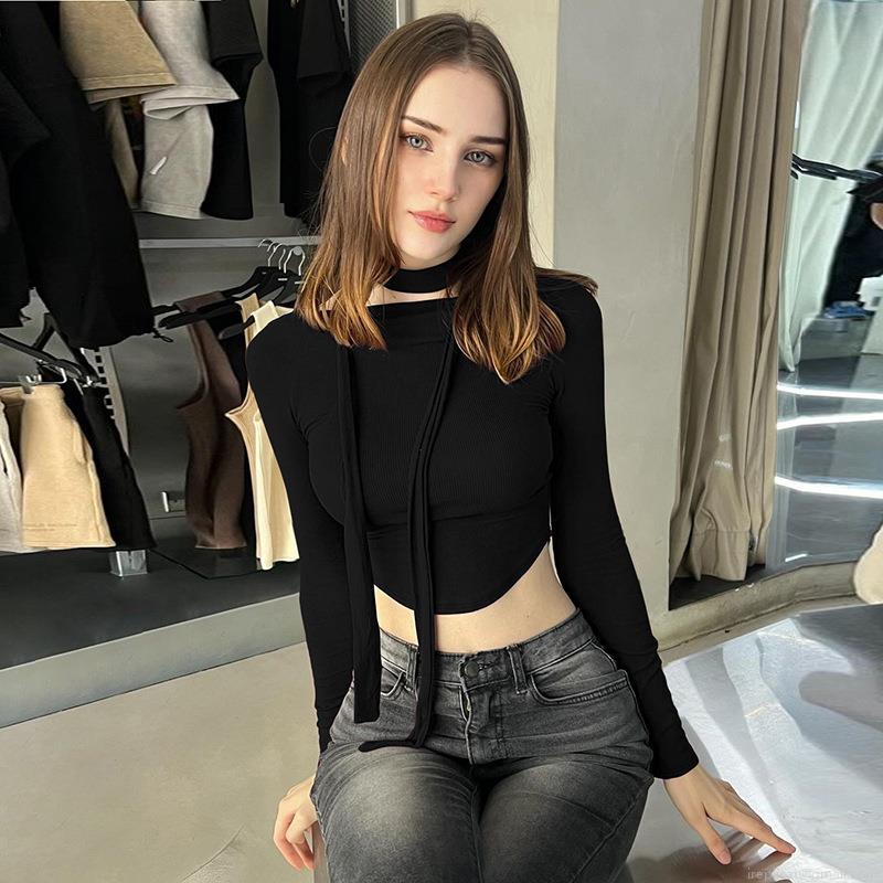 Women's Sexy Slim Fit Ribbed Knit Crop Top Long Sleeve Choker Neck Halter T-Shirt Streetwear Pullover Polyester Spandex Top For Party Casual