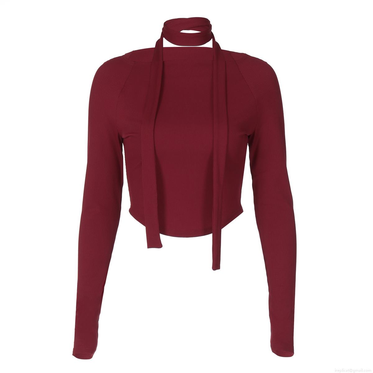 Women's Sexy Slim Fit Ribbed Knit Crop Top Long Sleeve Choker Neck Halter T-Shirt Streetwear Pullover Polyester Spandex Top For Party Casual