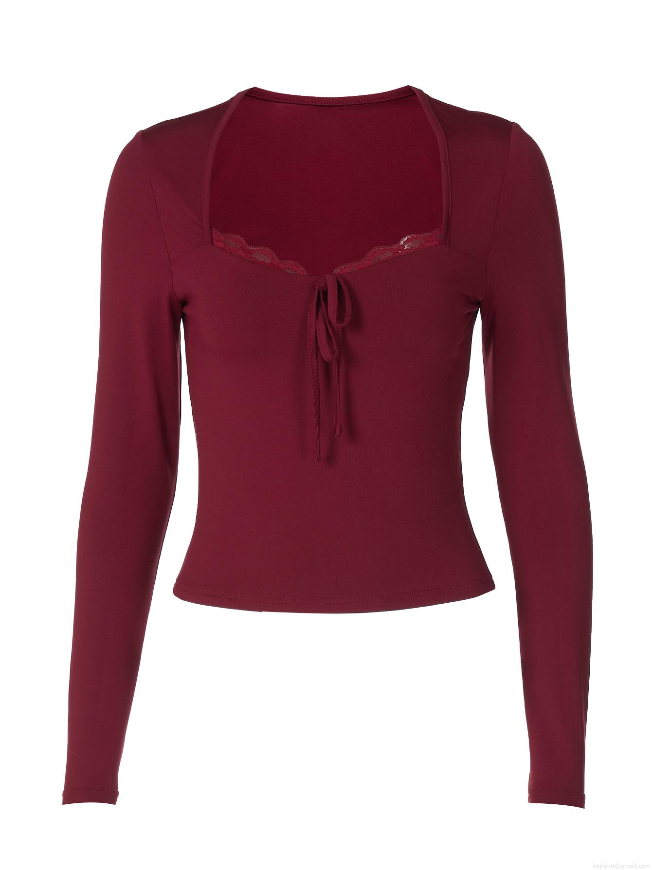 Sexy Women Lace Trim Slim Fit Long Sleeve T-Shirt Square Neck Bow Detail Cropped Top Streetwear Casual Base Layer Tee Chic Solid Color Slimming Top