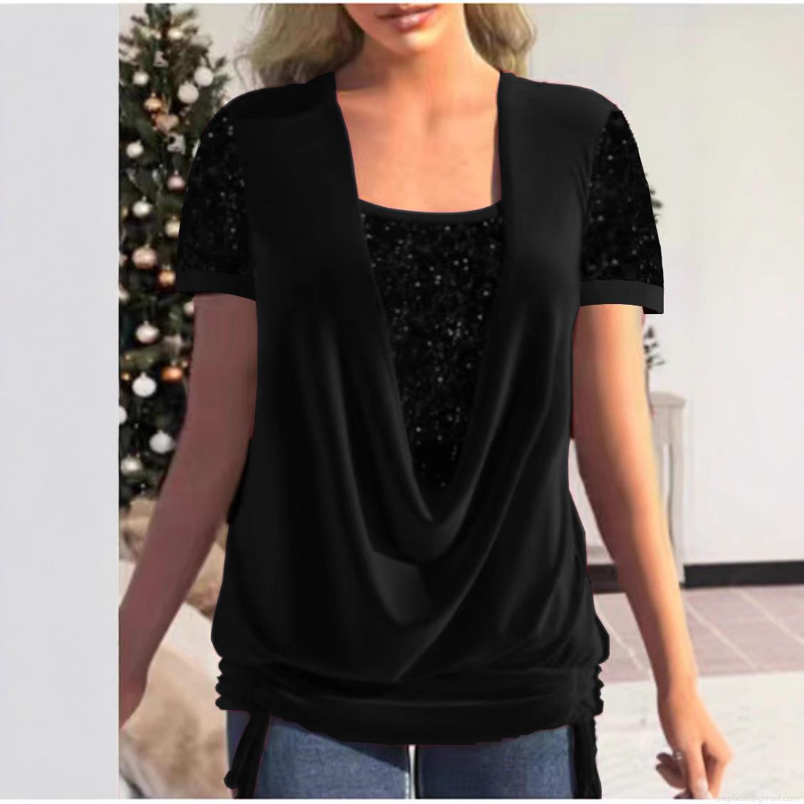Fashion Women's Sequin Short Sleeve Top Sparkly Glitter Draped V-Neck Layered Blouse For Christmas Holiday Party Casual Tee Shirt
