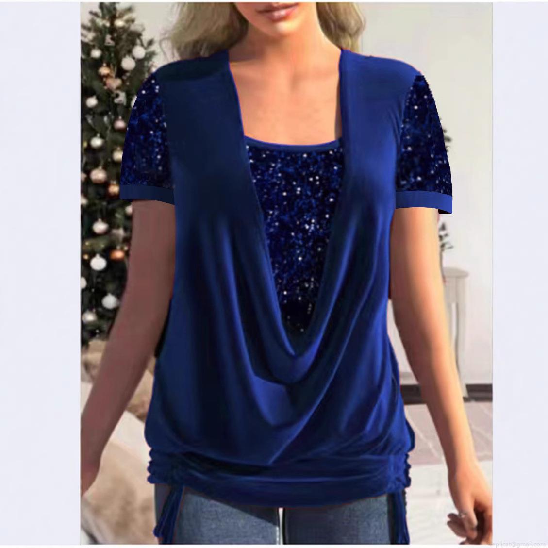 Fashion Women's Sequin Short Sleeve Top Sparkly Glitter Draped V-Neck Layered Blouse For Christmas Holiday Party Casual Tee Shirt