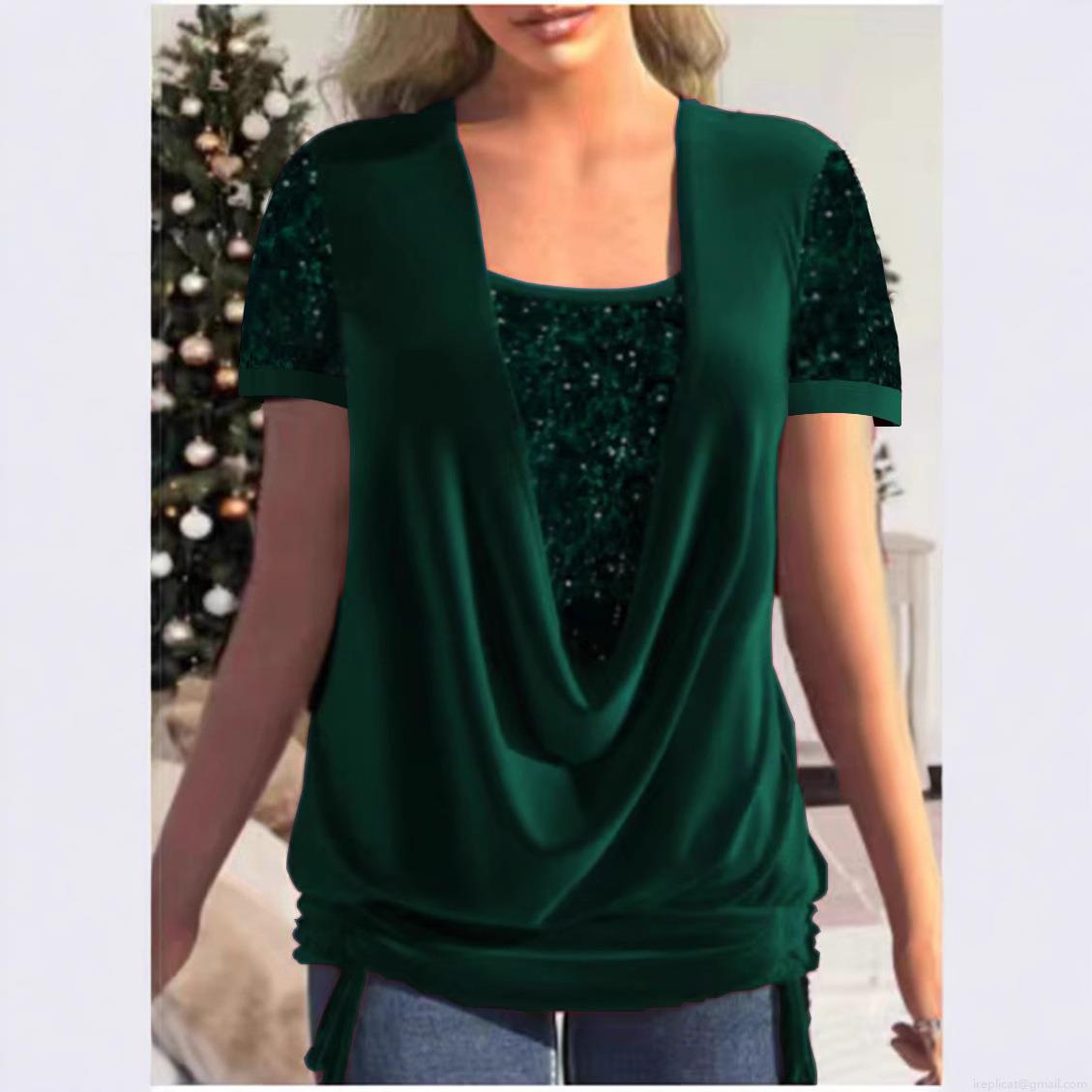 Fashion Women's Sequin Short Sleeve Top Sparkly Glitter Draped V-Neck Layered Blouse For Christmas Holiday Party Casual Tee Shirt
