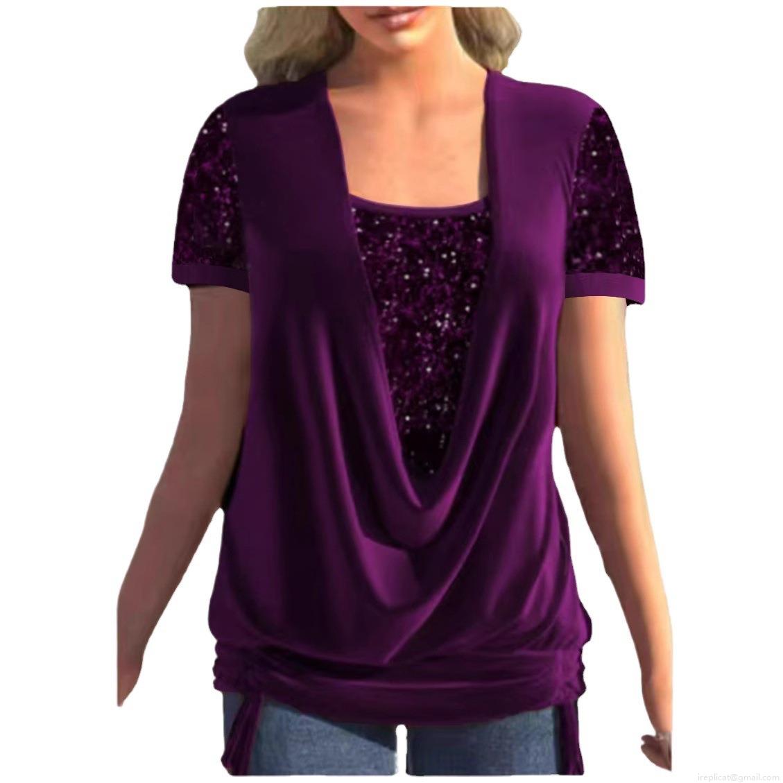 Fashion Women's Sequin Short Sleeve Top Sparkly Glitter Draped V-Neck Layered Blouse For Christmas Holiday Party Casual Tee Shirt
