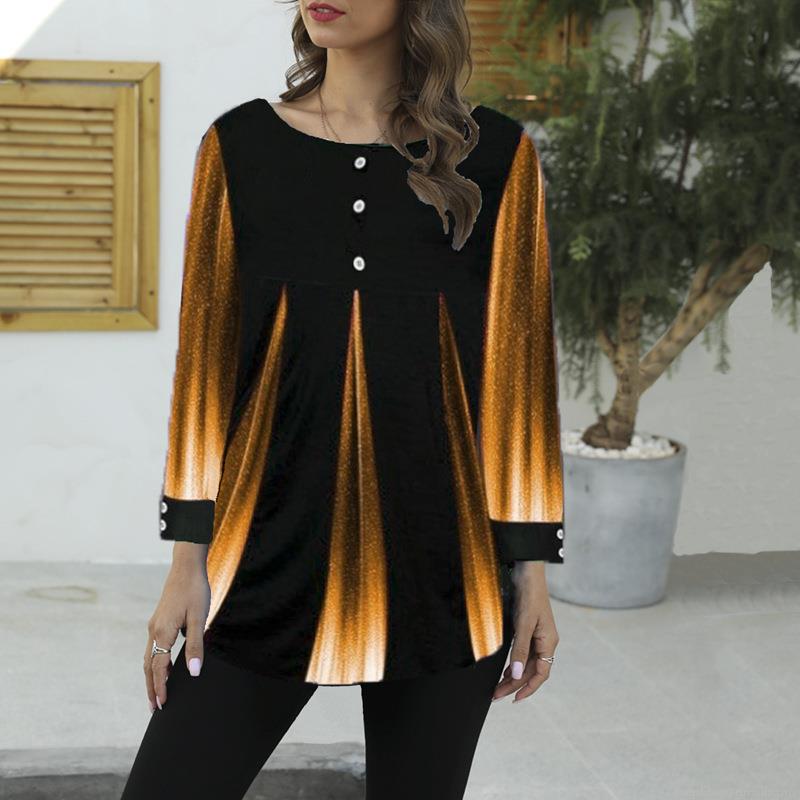 Women's Casual Loose Round Neck T-Shirt Radiant Gradient Striped Print Tunic Top with Decorative Buttons Long and Short Sleeve Cotton Blend Summer Autumn Fashion Streetwear Tee