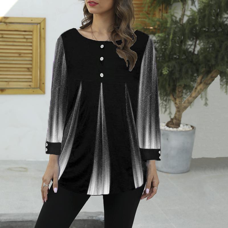 Women's Casual Loose Round Neck T-Shirt Radiant Gradient Striped Print Tunic Top with Decorative Buttons Long and Short Sleeve Cotton Blend Summer Autumn Fashion Streetwear Tee