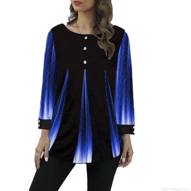 Women's Casual Loose Round Neck T-Shirt Radiant Gradient Striped Print Tunic Top with Decorative Buttons Long and Short Sleeve Cotton Blend Summer Autumn Fashion Streetwear Tee