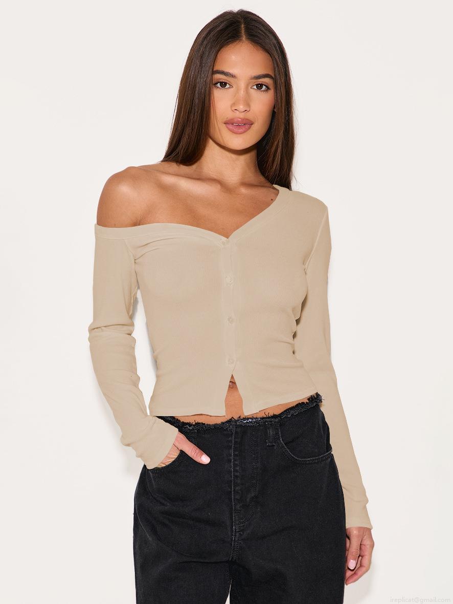 Women One Shoulder Long Sleeve Button Ribbed Knit T-Shirt Slim Fit Asymmetric Neck Pullover Top Y2K Sexy Style Solid Color Viscose Blouse For Casual Dating Autumn
